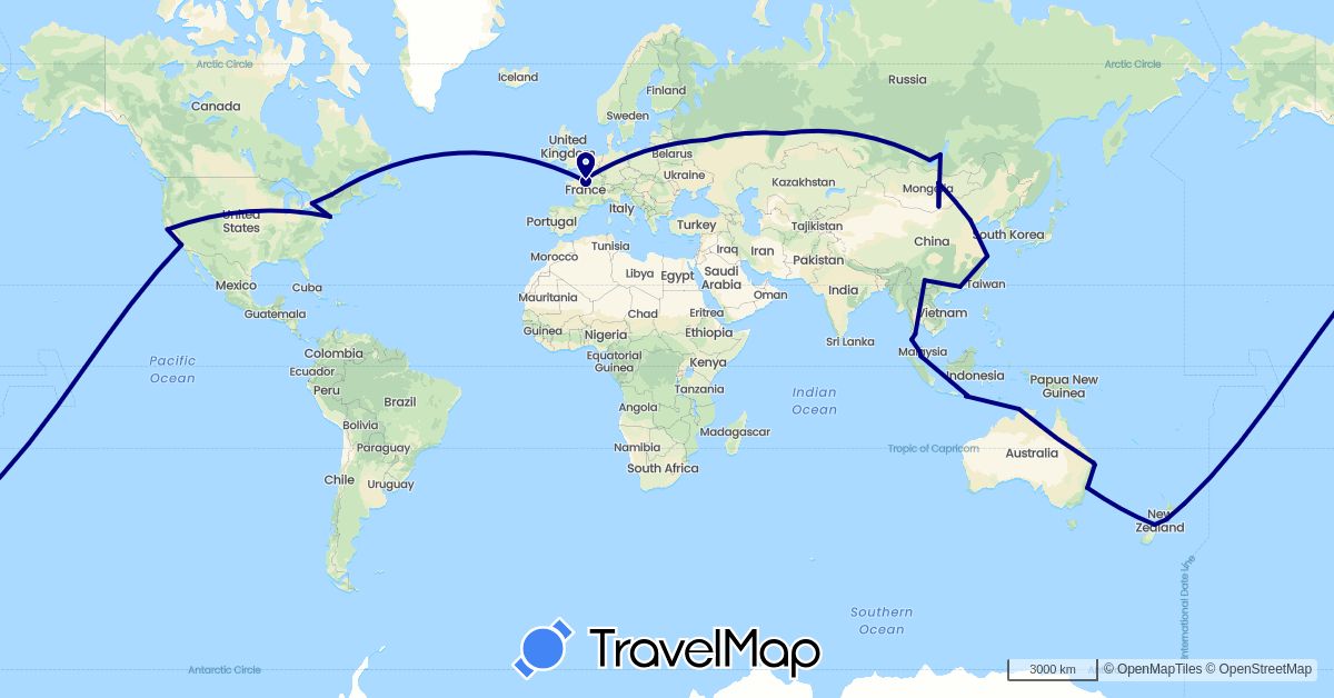 TravelMap itinerary: driving, train in Australia, Canada, China, France, Indonesia, Mongolia, Malaysia, New Zealand, Russia, Thailand, United States (Asia, Europe, North America, Oceania)